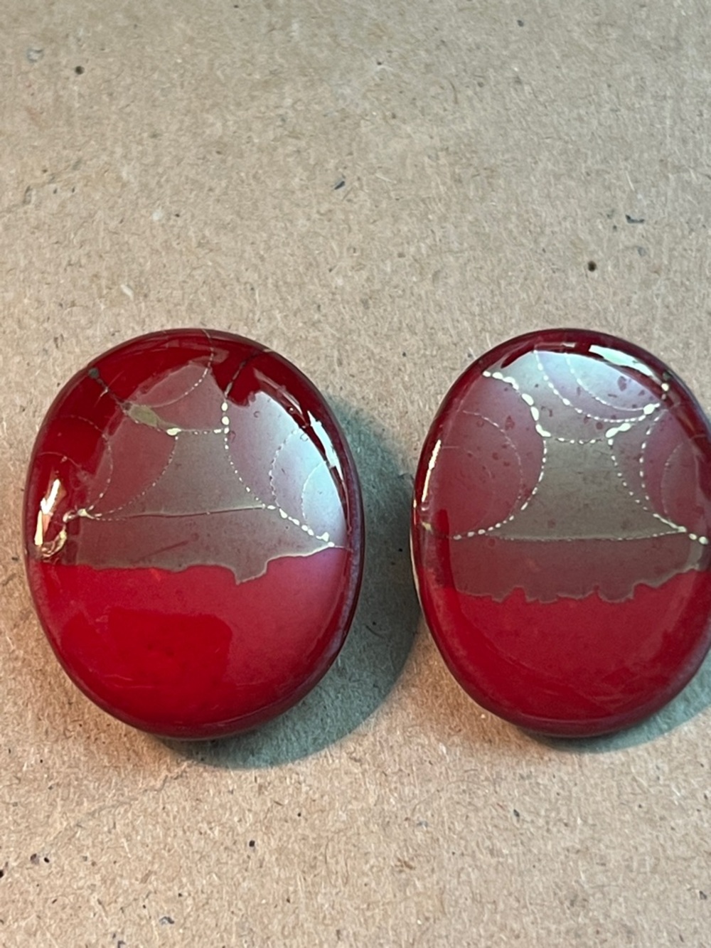 Vintage Red Oval Ceramic Clip-On Earrings